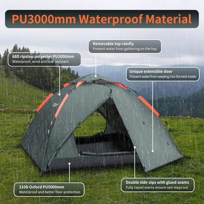 Campingtent, 3-persoons Instant pop-up tent, waterdichte drielaagse automatische koepeltent, grote lichtgewicht 4 seizoenen tent, backpacktent met afneembare regenvlieg 2 uitbreidbare veranda