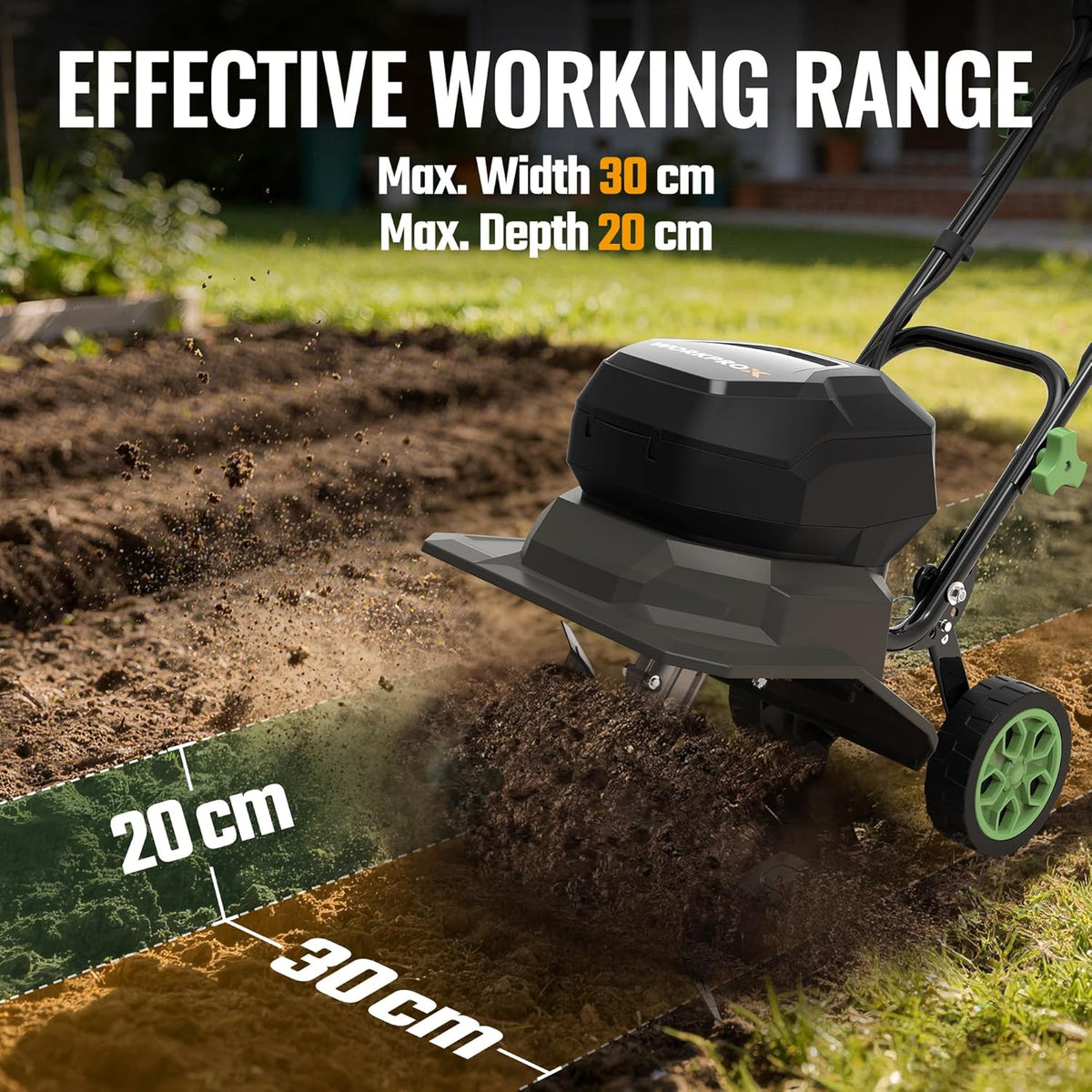 WORKPRO X Elektrische tuinfrees, draadloos, 40 V, werk 30 cm x 20 cm, dubbele accu 4000 mAh, inklapbaar stuur, wielen in 4 standen verstelbaar, compact en stil, voor tuin, moestuin en boomgaard