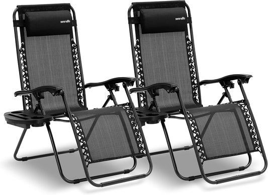 Serenelife Ligstoel, Set van 2 Ligstoelen - Verstelbare Tuinligstoelen met Zijtafel, Bekerhouders, Afneembare Kussens - Opvouwbare en Draagbare Loungestoelen voor Terras, Tuin, Strand - Zwart