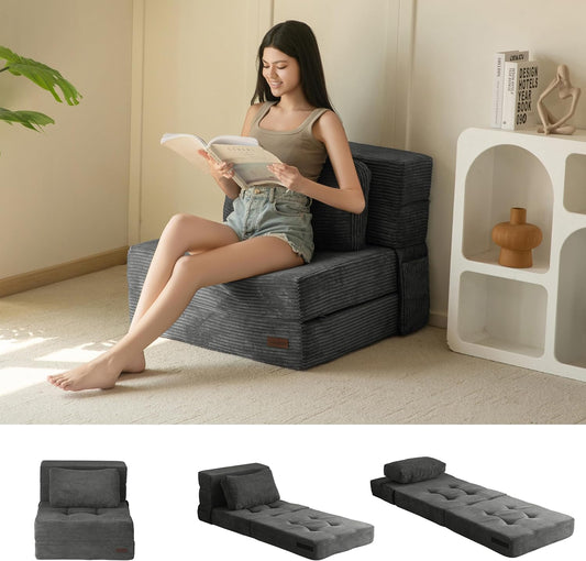 MAXYOYO Opvouwbare schuim slaapbank, drievoudig opvouwbaar matras met 1 kussen, omvormbare slaapbank, futonbed met 15 cm dun schuim, draagbare 3-in-1 vloerbank