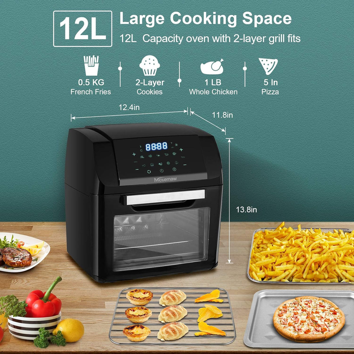 Nictemaw Olievrije friteuse van 12 liter, 1500 W, heteluchtfriteuse, heteluchtoven met 10 programma's, dehydrator, met LED-display (XXX-groot)