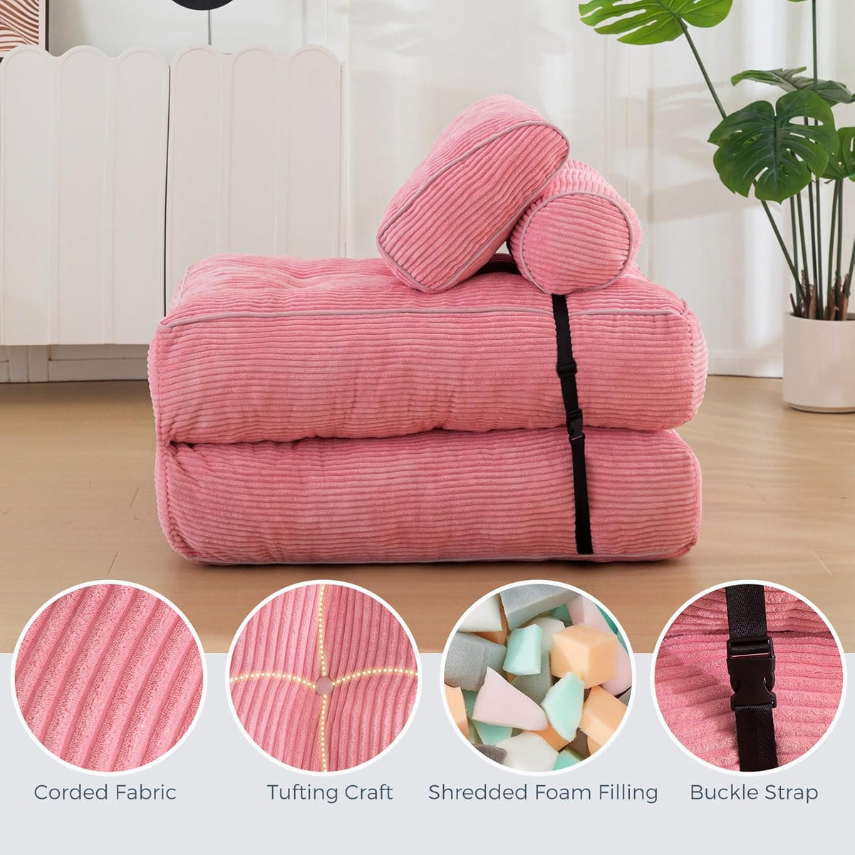 MAXYOYO Folding Sofa Bed Convertible Sofa Bed with Pillows, Mattress with Backrest, Portable Bed Chair Comfortable Floor Sofa for Living Room Bedroom, Pink