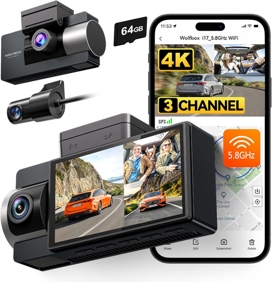 3-Kanaals Dashcam – Autocamera – Autorecorder – Dashcam Voor, Achter En Binnen – Interieurdashcam – 4K + 1080P + 1080P Opname – 3-Inch Scherm Met IR-Nachtzicht