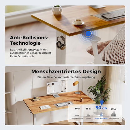 Agilestic In hoogte verstelbaar bureau 140 x 60 cm, stabiel bureau met elektrische hoogteverstelling en handmatige bediening met geheugen, ergonomisch bureau om staand of zittend te werken, lichtbruin