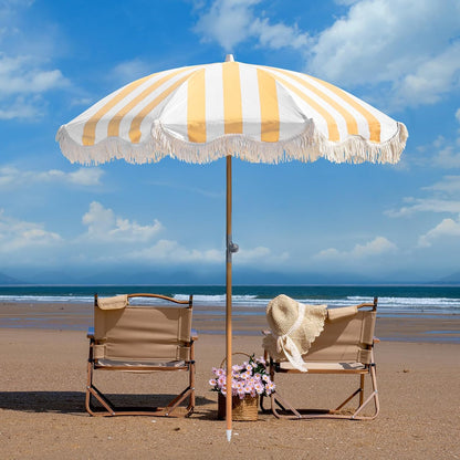 2M Boho strandparasol met franje, UPF 50+ kwastjes met draagtas, premium houten stang, opvouwbare terrasparaplu voor buiten, tuin, gazon, zwembad, tuintafel