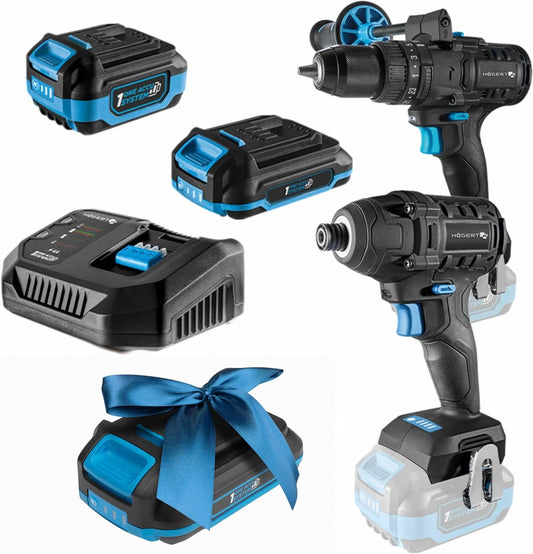 HÖGERT TECHNIK Accu-slagboorschroevendraaierset 18 V, 200 Nm & 100 Nm, 2 borstelloze slagschroevendraaiers, 2 x accu, 4 A oplader, ledverlichting, metalen aandrijving, voor hout en metaal + Promo 2,0