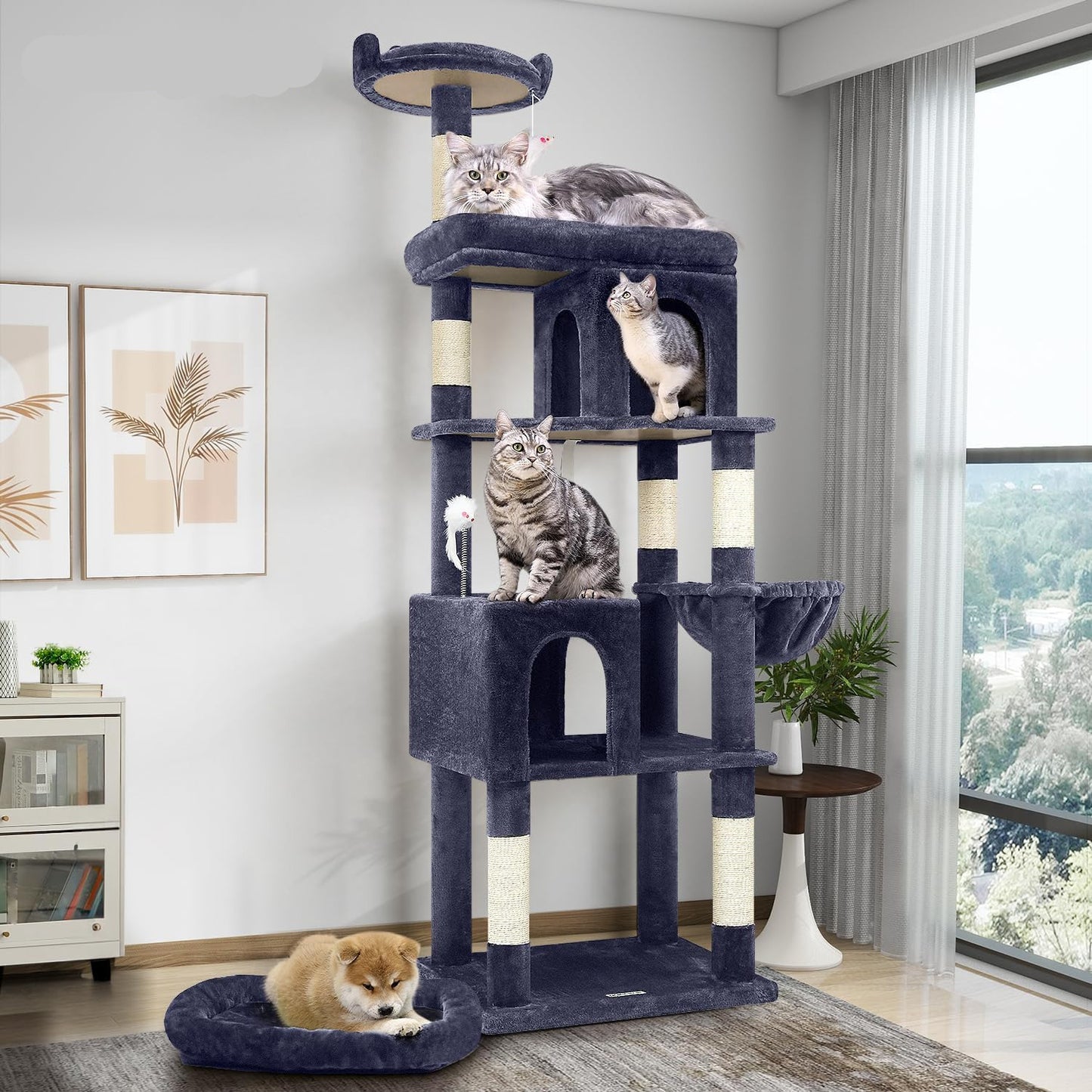 Krabpaal – Kattenboom – Kattenhuis – Kattenmeubel – Krabtoren – 183 cm Hoog – Geschikt Voor Grote Katten 3-5 Stuks – Steviele Basis Met Gevoerd Platform En Zitstang