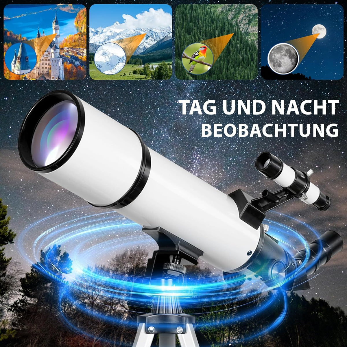 Telescopische astronomie 80 mm opening 60 mm brandpuntsafstand voor kinderen en volwassenen beginners met statief en mobiele telefoonhouder, draagbare refractortelescoop voor aard- en