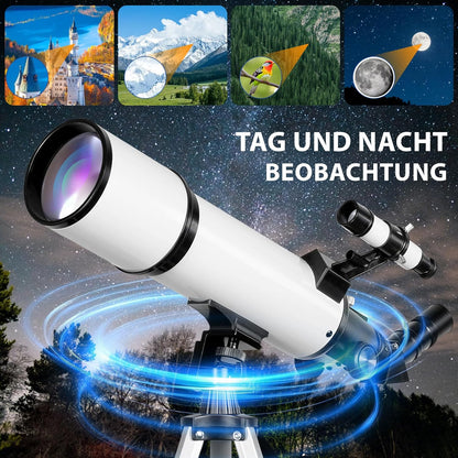 Telescopische astronomie 80 mm opening 60 mm brandpuntsafstand voor kinderen en volwassenen beginners met statief en mobiele telefoonhouder, draagbare refractortelescoop voor aard- en