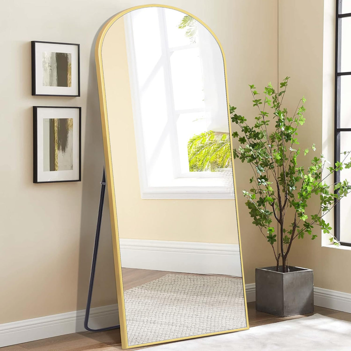 COFENY Boog full-body spiegel, 179 x 65 cm vloerspiegel met gouden frame, gewelfde staande spiegel, grote wandspiegel om te staan, leunen of hangen, vloerspiegel voor slaapkamer, woonkamer