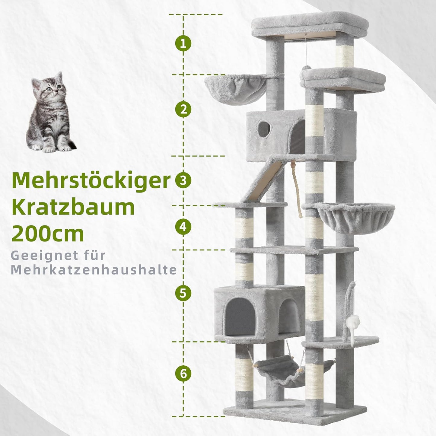 Krabpaal groot, kattenboom grote katten stabiel voor binnen, 200 cm kattenkrabpaal met ruime platforms, kattenholen, hangmat, sisalzuilen, lichtgrijs GCT031W