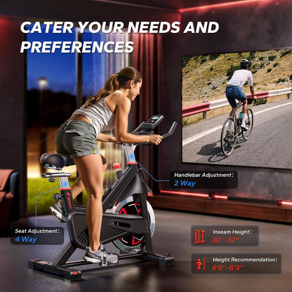 MERACH Hometrainer, fiets met magnetische weerstand, stille remvoering/hometrainer, fiets met verbeterd comfortabel zitkussen, indoor cycling bike met tablethouder, eigen app, tot 136 kg