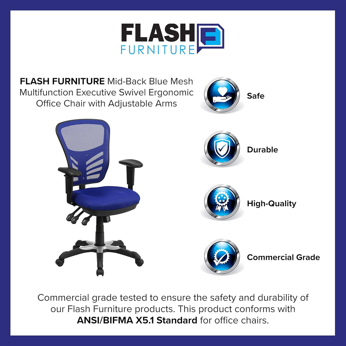 Flash Furniture Bureaustoel, metaal, blauw, 69 x 65 x 112 cm