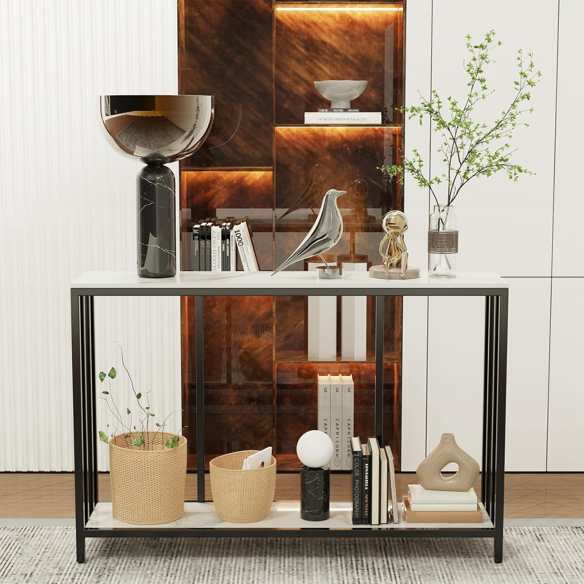 FATIVO 2-laags consoletafel gangunit: marmeren blad consoles bureau 120x30x78cm lang hoogglans gesinterde steen marmer zwart frame frame smalle hoge moderne bank opslag bijzettafels woonkamer