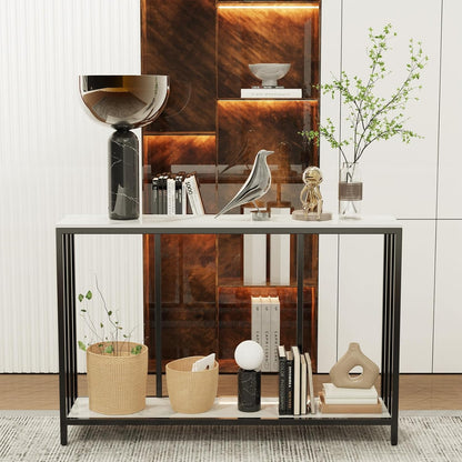 FATIVO 2-laags consoletafel gangunit: marmeren blad consoles bureau 120x30x78cm lang hoogglans gesinterde steen marmer zwart frame frame smalle hoge moderne bank opslag bijzettafels woonkamer