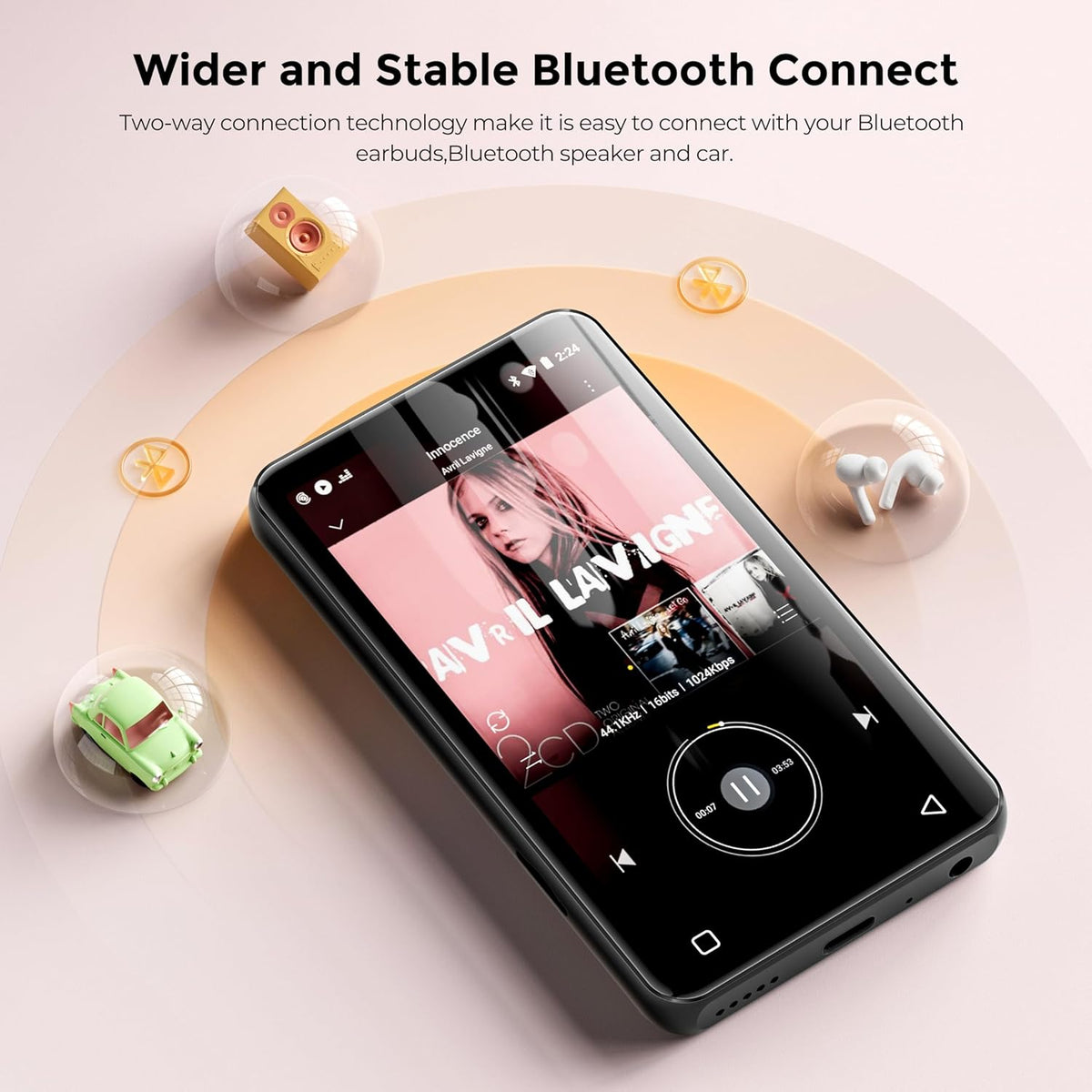 Innioasis Music Player with Bluetooth, WiFi, Spotify, Pandora, Amazon Music, 4-Inch Touchscreen, Libby, Audible, Spotify Kids (Black) - QUORE