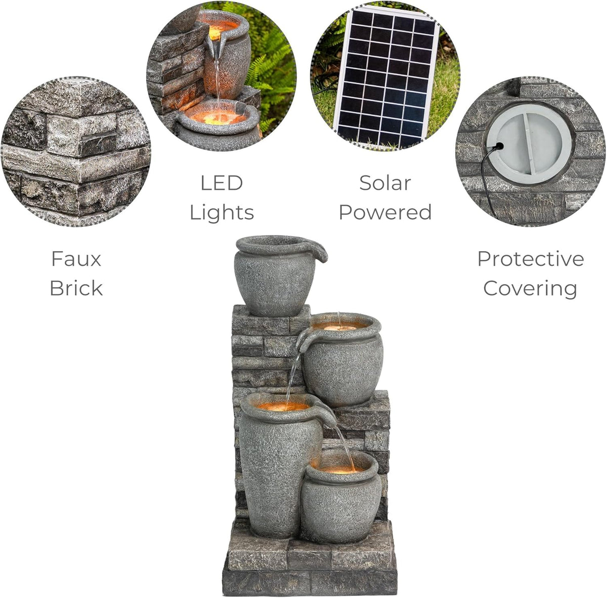 Teamson Home 4 Lagen Zonneenergie Fontein Grijs voor Tuin en Patio