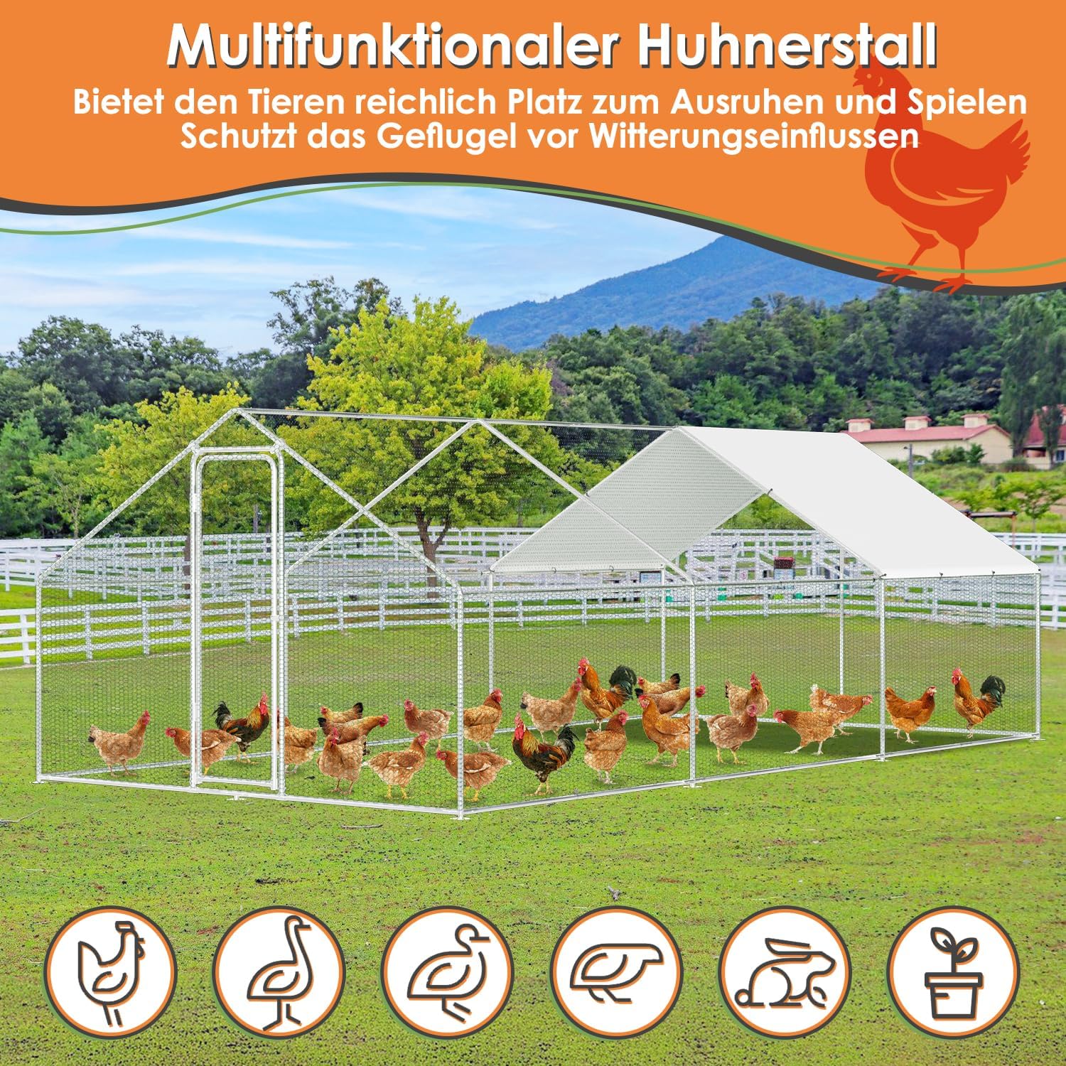 Randaco Chicken Coop XXL 3 x 6 x 2 m Galvanised Steel Outdoor Poultry Run with Lock and Waterproof PE Colouring Cloth for Chicken Cage, Poultry, Small Animals - QUORE