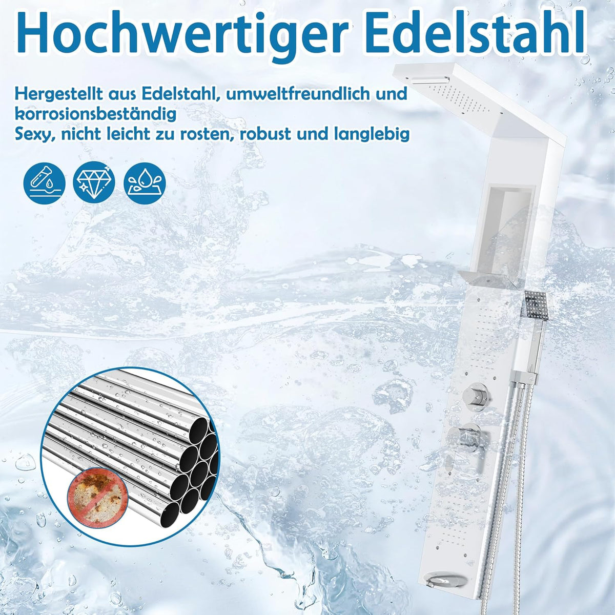 Douchepaneel – Douchesysteem – Douche Set – Douchekolom – Regendouche – Roestvrij Staal 304 – 4 Straalsoorten & Anti-Kalk Nozzles – Wit