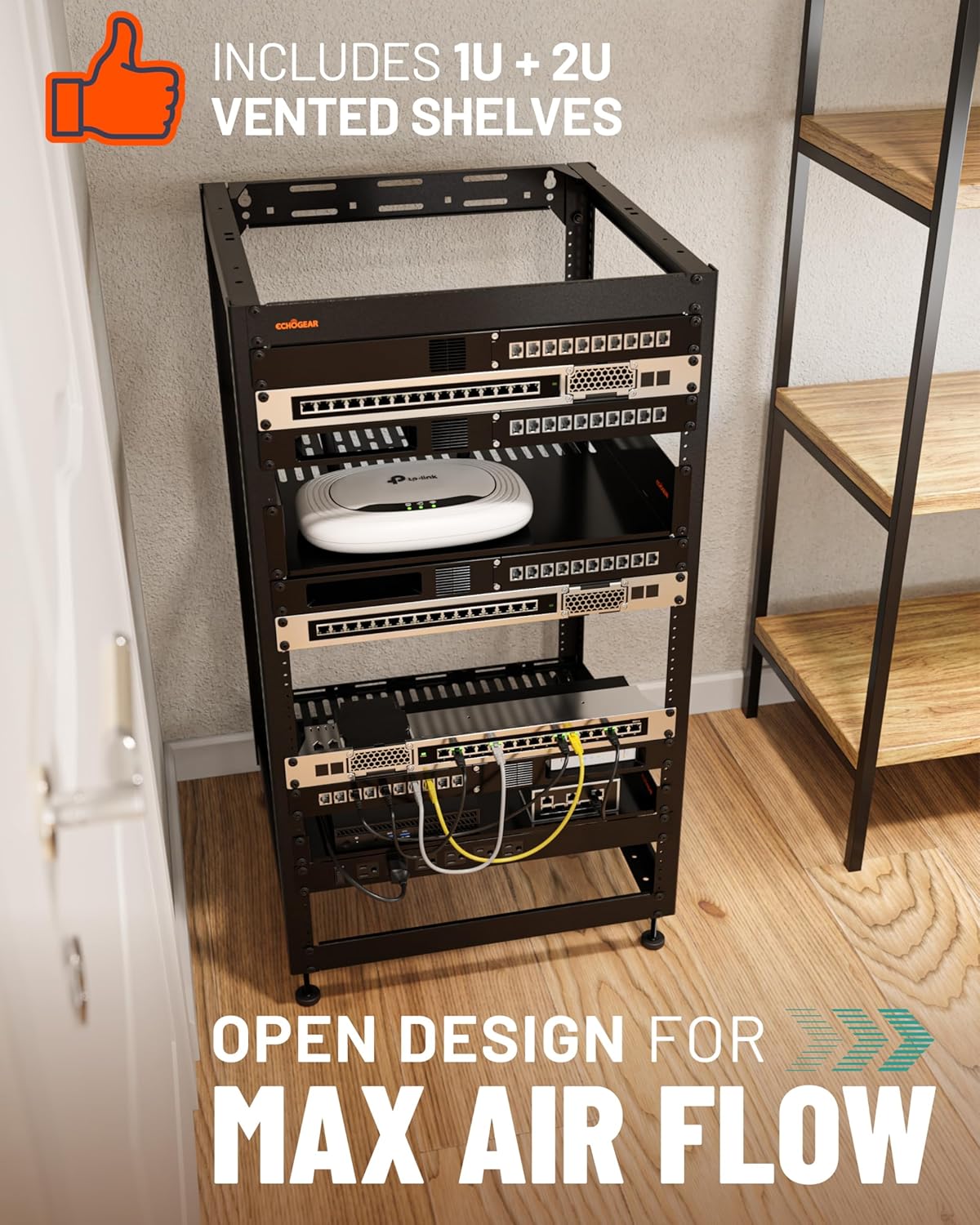 Open Frame Rack 20U – Serverrack – Netwerkrek – AV-rack – 19-Inch Rack – Open Ontwerp Voor Optimale Luchtstroom – Wandmonteerbaar Met 2 Geventileerde Planken
