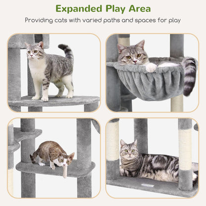 Kattenboom XXL – Krabpaal – Kattentoren – Kattenhuis – Kattenmeubel – 213 cm Hoogte – Ruim Platform – Gevoerde Zitstang – Lichtgrijs