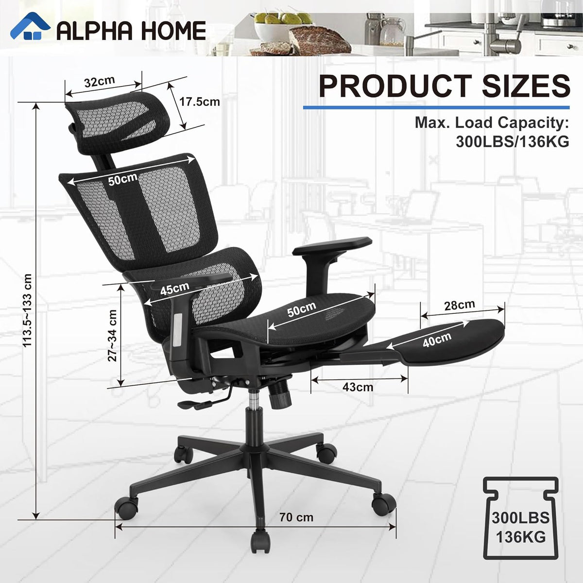 ALPHA HOME Office Chair Ergonomic Office Chair with Retractable Footrest High Back Manager Chair Computer Home Office Chair 90-130° Tilt Angle with 3D Armrest, Adjustable Headrest, Lumbar Support