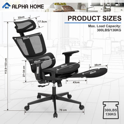 ALPHA HOME Office Chair Ergonomic Office Chair with Retractable Footrest High Back Manager Chair Computer Home Office Chair 90-130° Tilt Angle with 3D Armrest, Adjustable Headrest, Lumbar Support