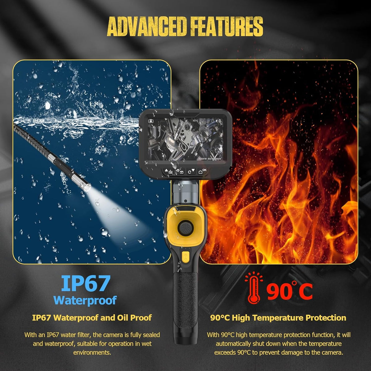 PLAYOCCAR 360° draaibare endoscoop, 4-weg endoscoop, verbeterde versie, waterdicht conform IP67, camera met scharnierende inspectiecamera, 12,7 cm (5 inch), 1080p (met 6 verstelbare ledlampen
