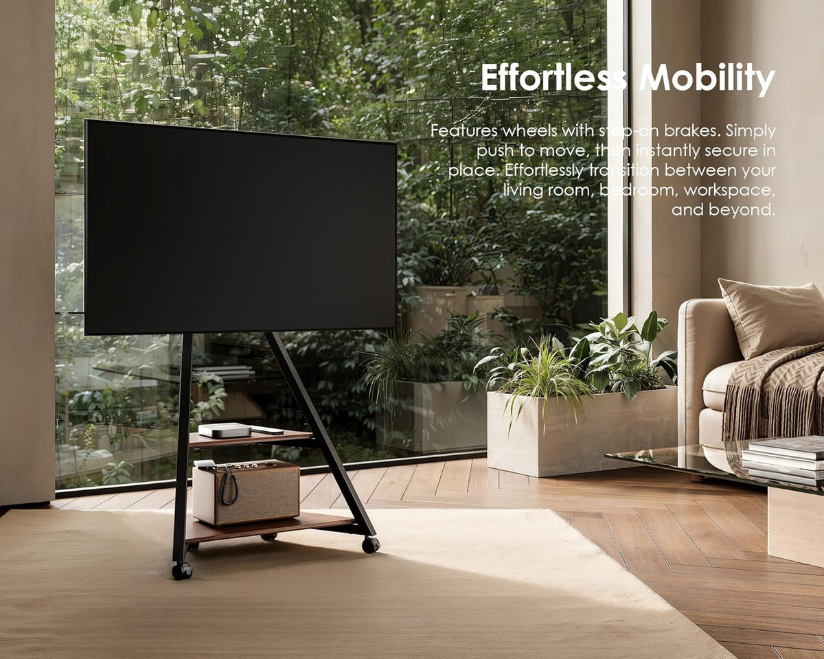 FITUEYES Design mobiele tv-standaard op wielen met 2 planken voor 32 43 55 65 inch vloer tv-standaard art schermhoek ± 15° verstelbare hoogte 946-1076,5 mm max. belasting 40 kg voor thuis, lounge