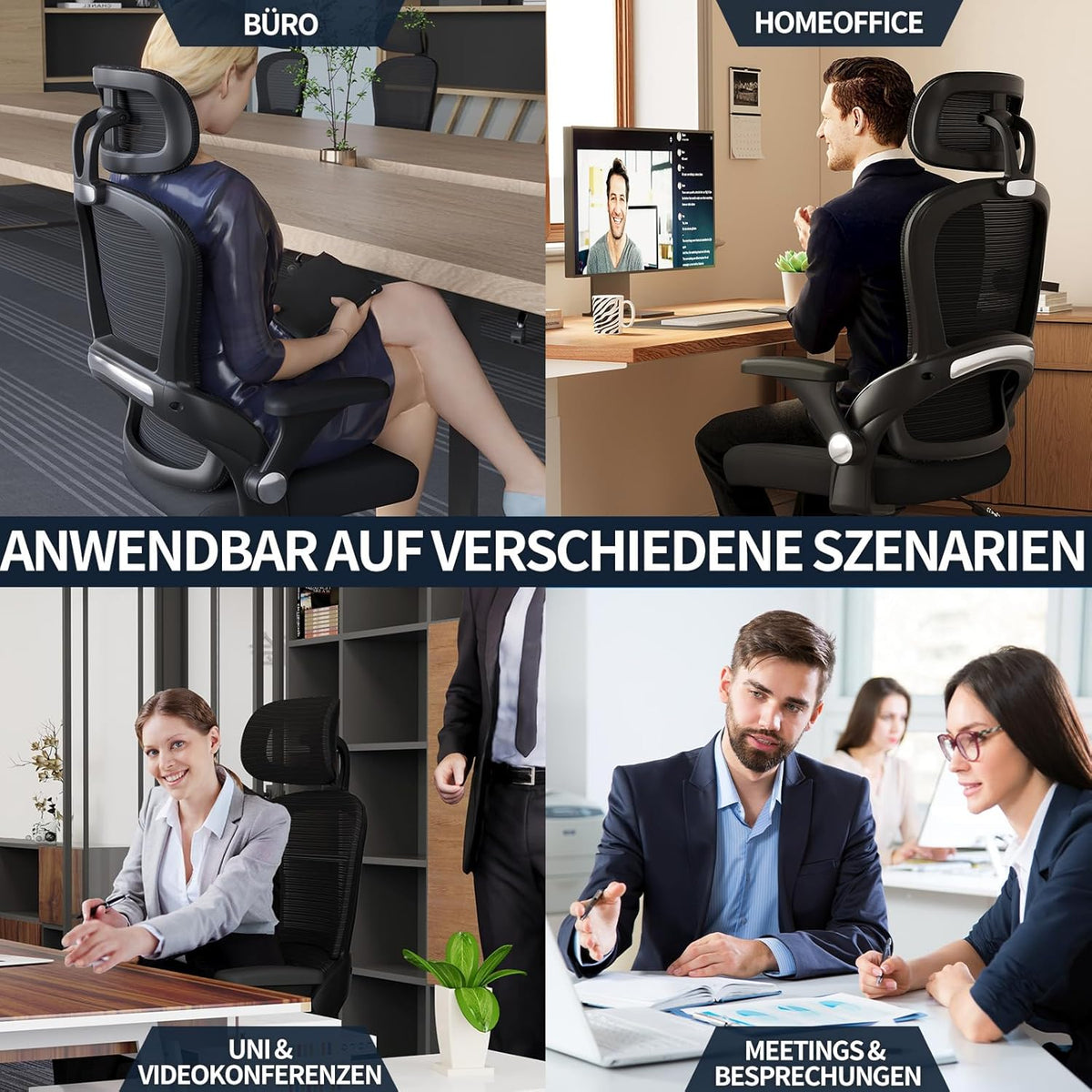 TRALT Ergonomische bureaustoel, bureaustoel met verstelbare hoofdsteun, in hoogte verstelbaar, bureaustoel, ergonomische bureaustoel, gamingstoel, 150 kg, voor lange tijd, zwart