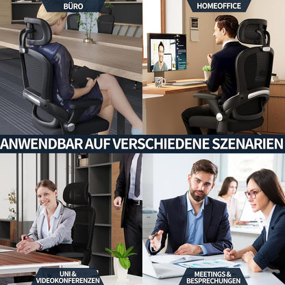 TRALT Ergonomische bureaustoel, bureaustoel met verstelbare hoofdsteun, in hoogte verstelbaar, bureaustoel, ergonomische bureaustoel, gamingstoel, 150 kg, voor lange tijd, zwart
