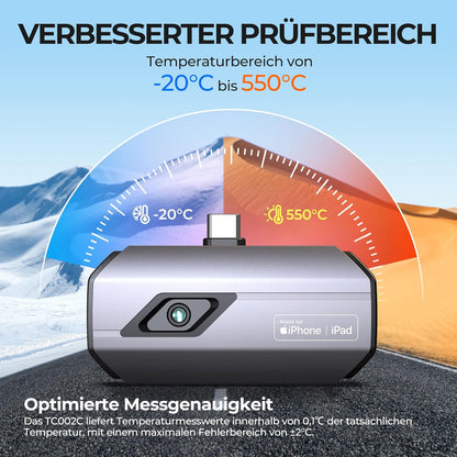 TOPDON Warmtebeeldcamera TC002C, iPhone15/16-serie, 512 x 384 superresolutie 256 x 192 IR-resolutie, temperatuurbereik -20 tot 550 °C, 25 Hz, 40 mK gevoeligheid, infraroodcamera iOS Type C-apparaten