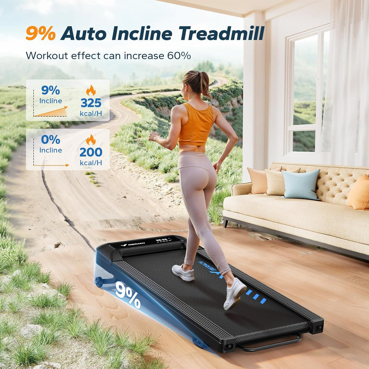 Merach Walking Pad, Treadmill and Walking Pad for Home Use with 9% Automatic Inclination, 1–6km/h, 2.5PK Desk Treadmill for Home and Office, Silent Fitness Device Up to 120KG, APP&Remote Control - QUORE