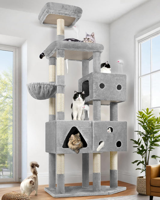 XXL Krabpaal – Kattenboom – Krabmeubel – Krabpaal Groot – Kattenhuis – 207 cm Hoog – 3 Kattenhuisjes – Comfortabel Ligmandje – Stabiel Design – Lichtgrijs