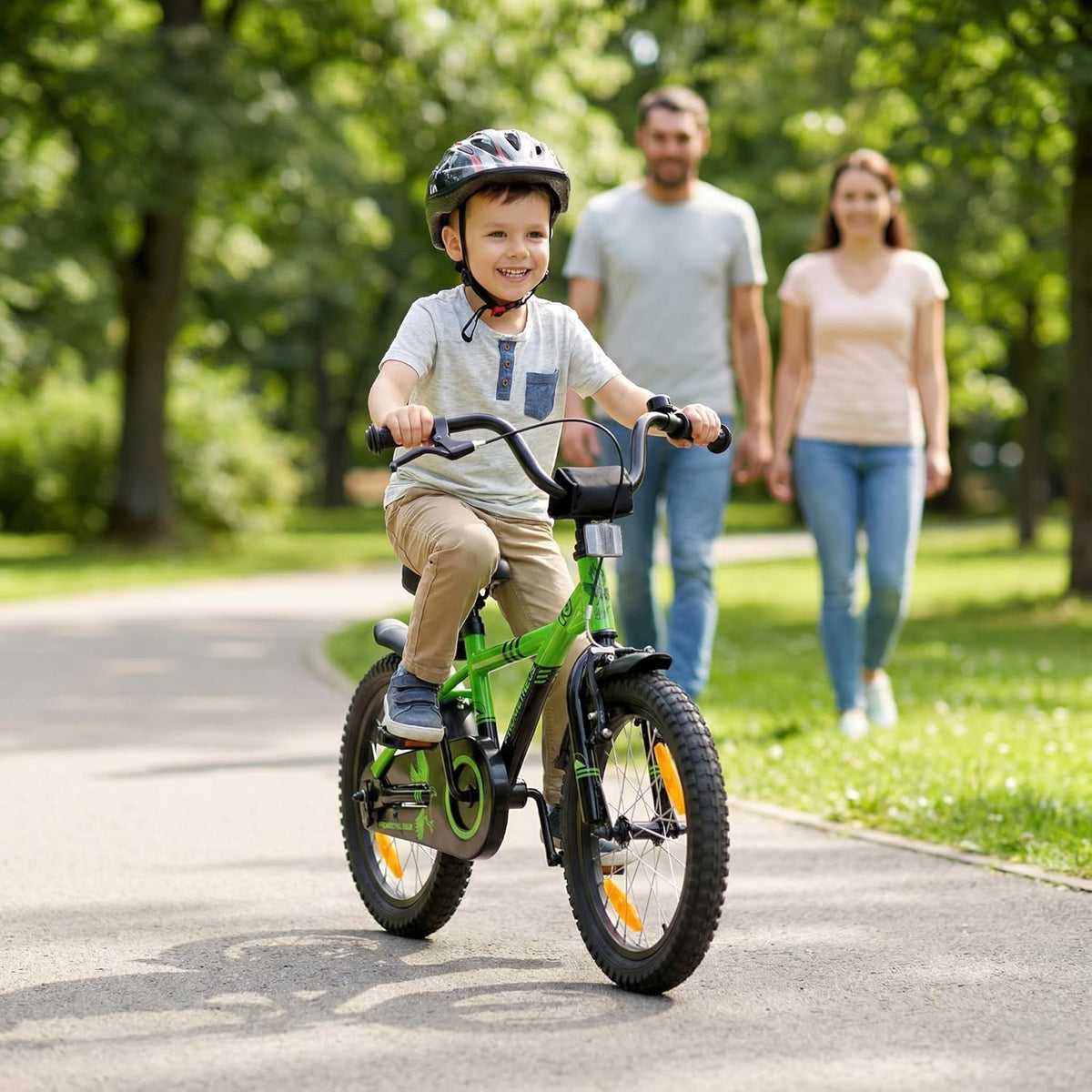 PROMETHEUS BICYCLES Kinderfiets, 16 inch, vanaf 5 jaar, voor meisjes en jongens, met zijwieltjes, achteruittraprem, groen en zwart