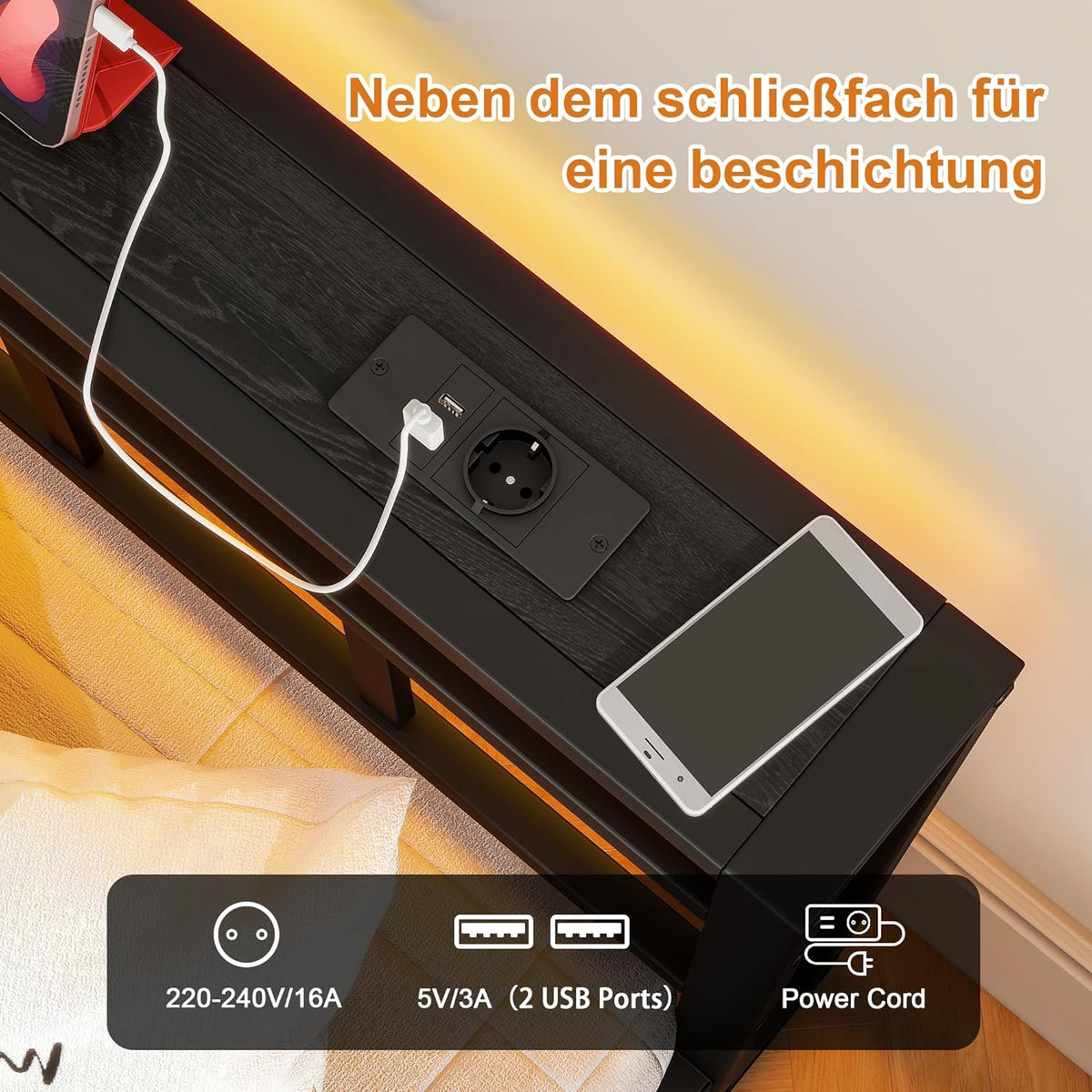 Bed 90 x 200 cm met lattenbodem van metaal, bedframe, 90 x 200 cm, met ledverlichting, metalen bed met stopcontact en 2 USB-oplaadfuncties, metalen bed met houten hoofdeinde, opbergruimte, bedframe
