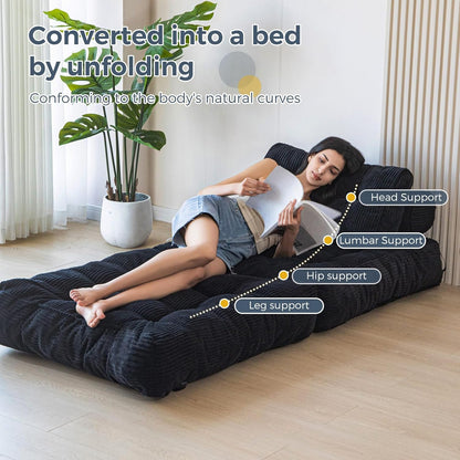 MAXYOYO Opvouwbare slaapbank, converteerbare slaapstoel met kussen, matras met rugsteun, draagbaar stoelbed, comfortabele lounge voor woonkamer, slaapkamer, zwart
