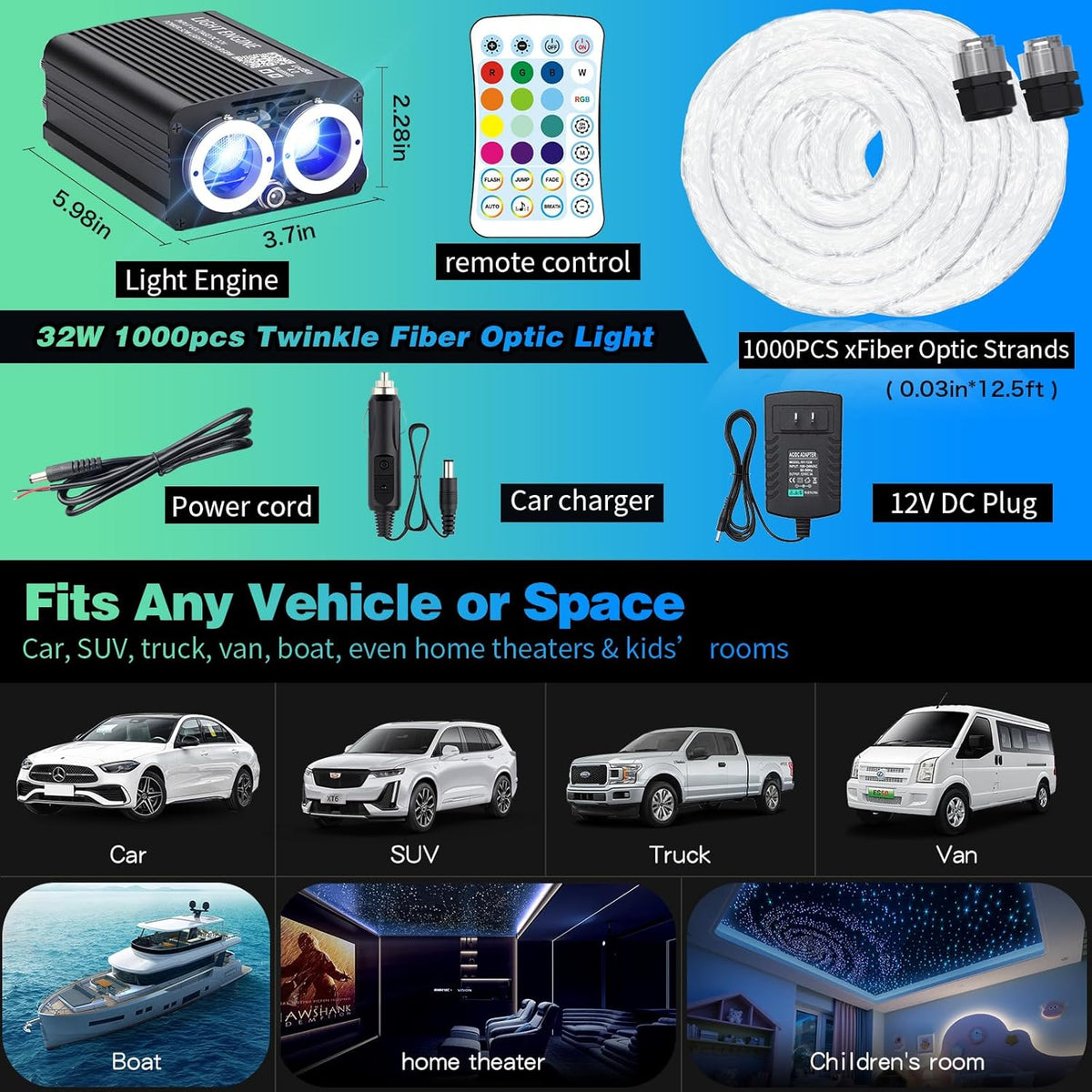 Twinkle Starlight glasvezel licht, 32 W motor met dubbele poort, 1000 stuks, 33,1 ft led ster plafond Fiber Optic Light Kit APP / Sound afstandsbediening voor auto / huis / feest