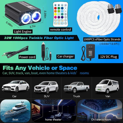 Twinkle Starlight glasvezel licht, 32 W motor met dubbele poort, 1000 stuks, 33,1 ft led ster plafond Fiber Optic Light Kit APP / Sound afstandsbediening voor auto / huis / feest