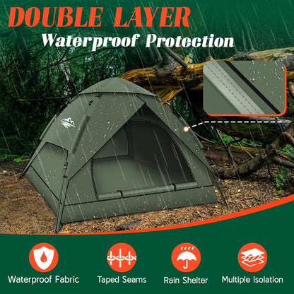 Purebox Campingtenten, Instant pop-up tent voor 2-3 personen, 2-in-1 dubbellaagse tenten, waterdichte en winddichte koepeltent met afneembaar buitentzeil, geschikt voor wandelen, buitenactiviteiten,