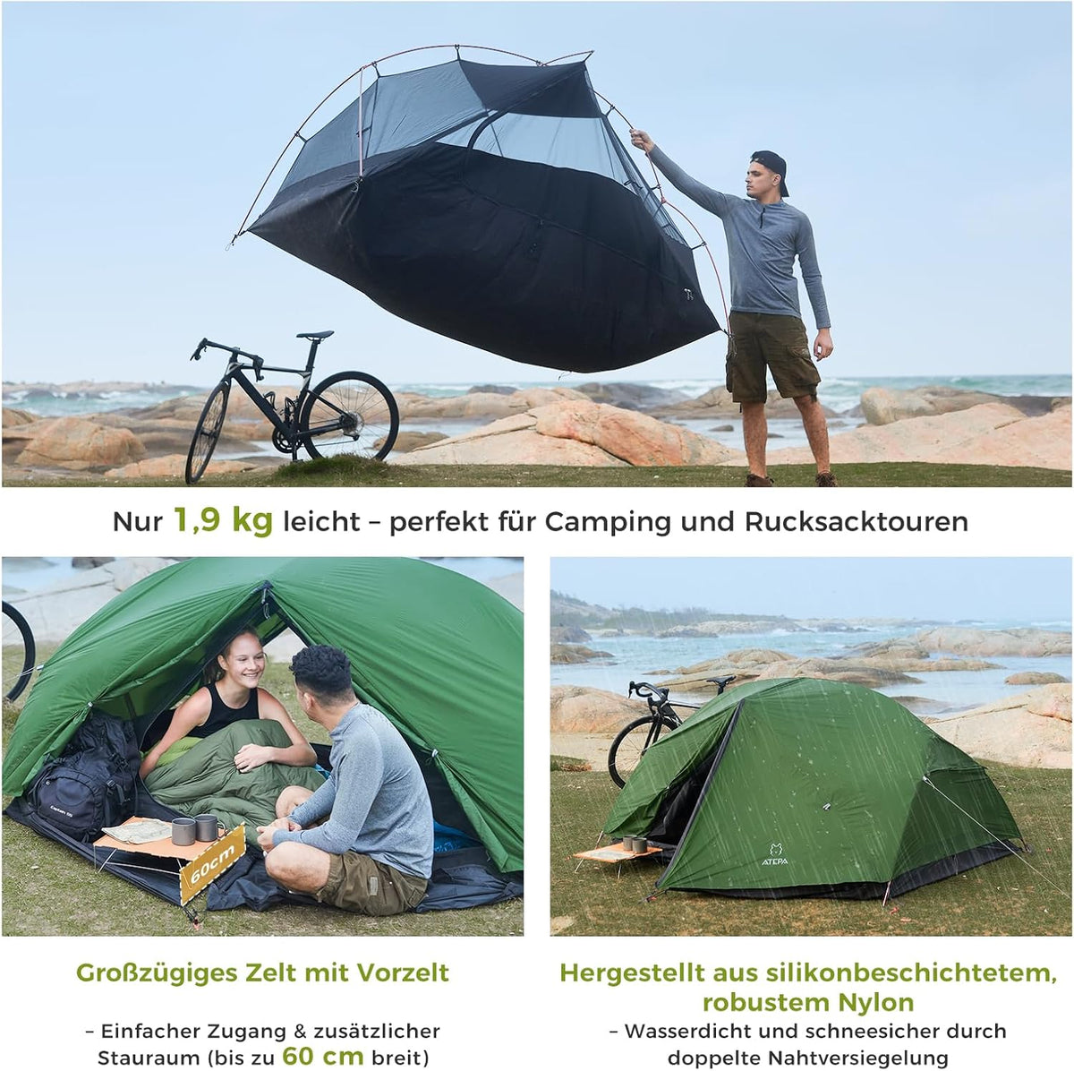 ATEPA Ultralichte Tent 2 Personen 1.9kg Waterdicht & Winddicht, Campingtent Afscheidbaar Mesh-Binnengedeelte met Voorbouw voor Trekking, Camping, Outdoor, Wandelen