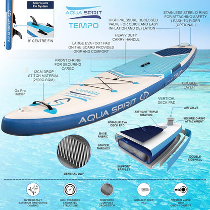 AQUA SPIRIT Opblaasbaar Stand up Peddelbord SUP Tempo 320x81x15cm Complete Verpakking Volwassenen Beginners/Experts Paddle Board Max 120KG met Aluminium Peddel, 2 Jaar Garantie