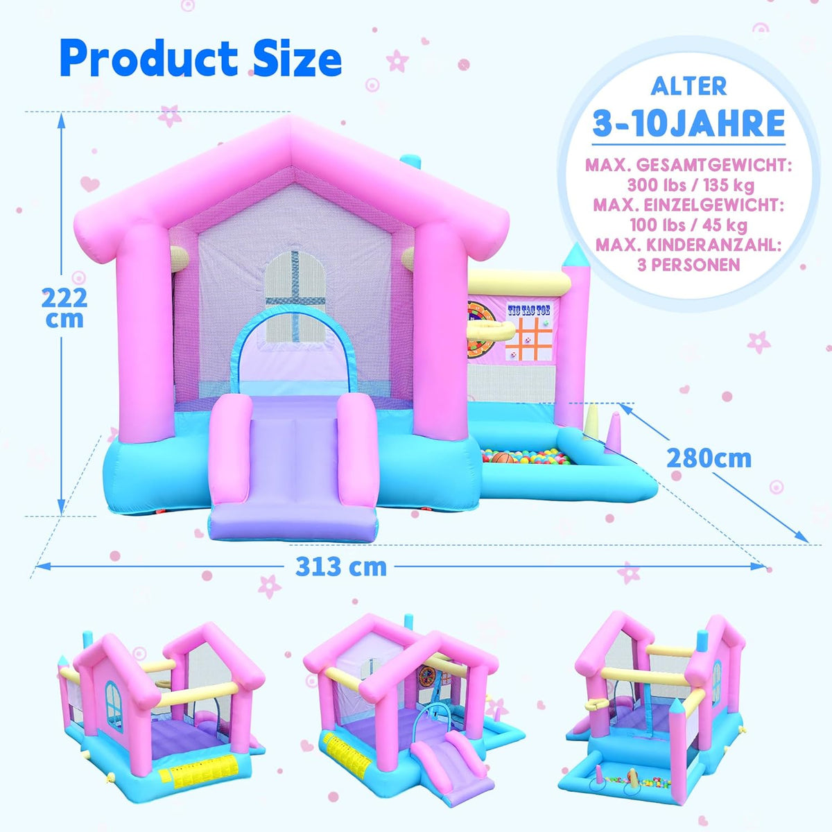 Springkasteel groot met glijbaan en basketbalmand, springkasteel voor kinderen van 3-10 jaar, springkasteel met ventilator, voor binnen en buiten