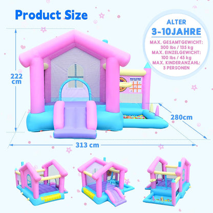 Springkasteel groot met glijbaan en basketbalmand, springkasteel voor kinderen van 3-10 jaar, springkasteel met ventilator, voor binnen en buiten