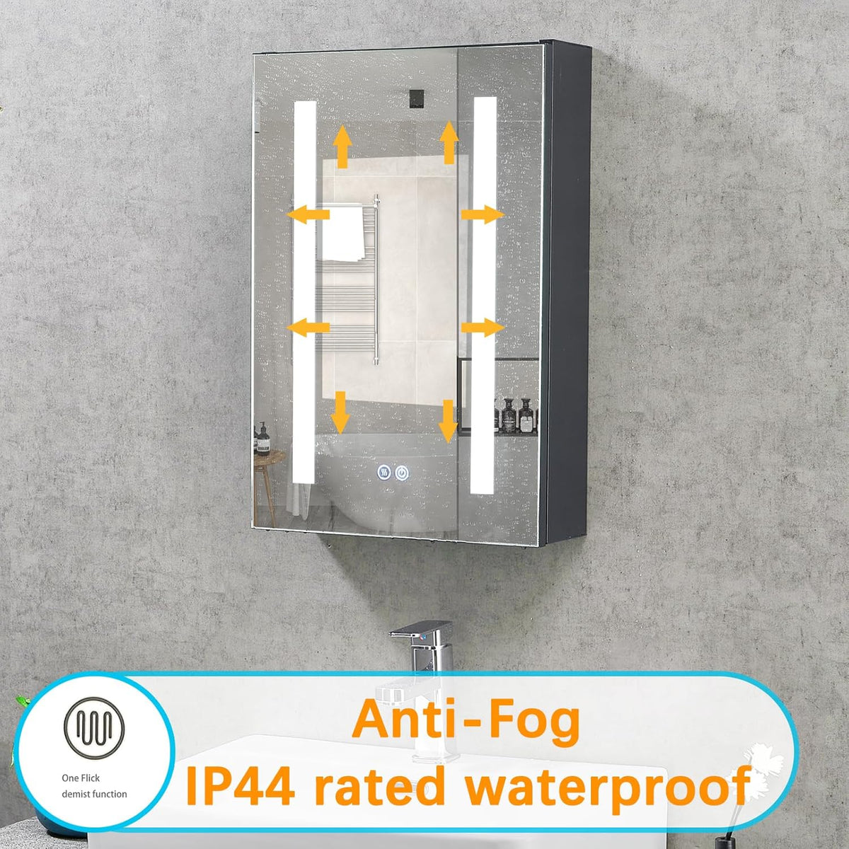 T&K LED-badkamerspiegelkast met verlichting en ontneveling, 40 x 60 cm, met glazen plank, stopcontacten en USB's, wandgemonteerde aluminium framewerk, badkamerspiegelkast
