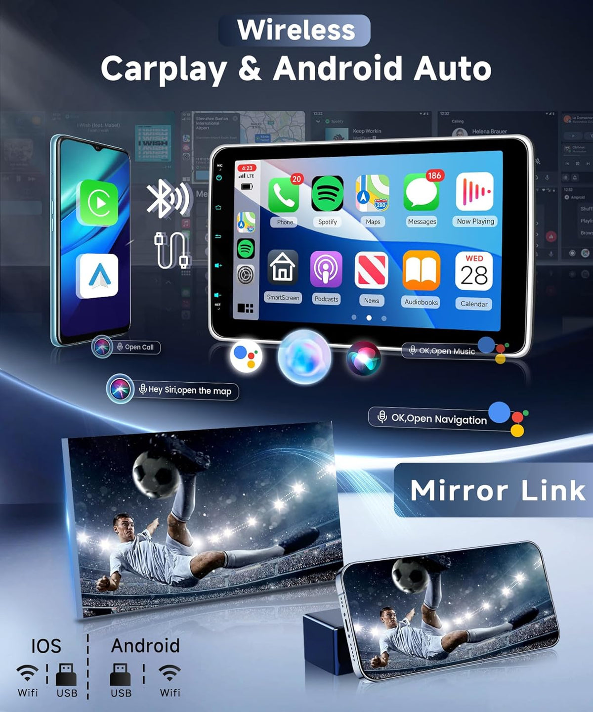Autoradio, 1 Din met draadloze Carplay Android auto, 10 inch HD IPS touchscreen, autoradio met handmatige draaifunctie, ondersteuning Bluetooth 5.2 schakelspiegels, FM/RDS-radio, USB/type C