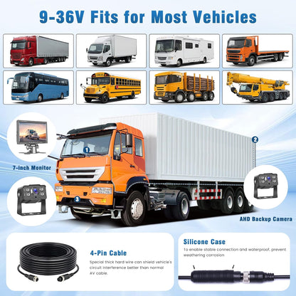 Achteruitrijcamera, 2 camera's, 7 inch, IPS-monitor, AHD-camera, waterdicht, nachtzicht, kabel voor achteruitrijcamera, back-upcamera, parkeerhulp voor vrachtwagen, aanhanger, bus, bestelwagen