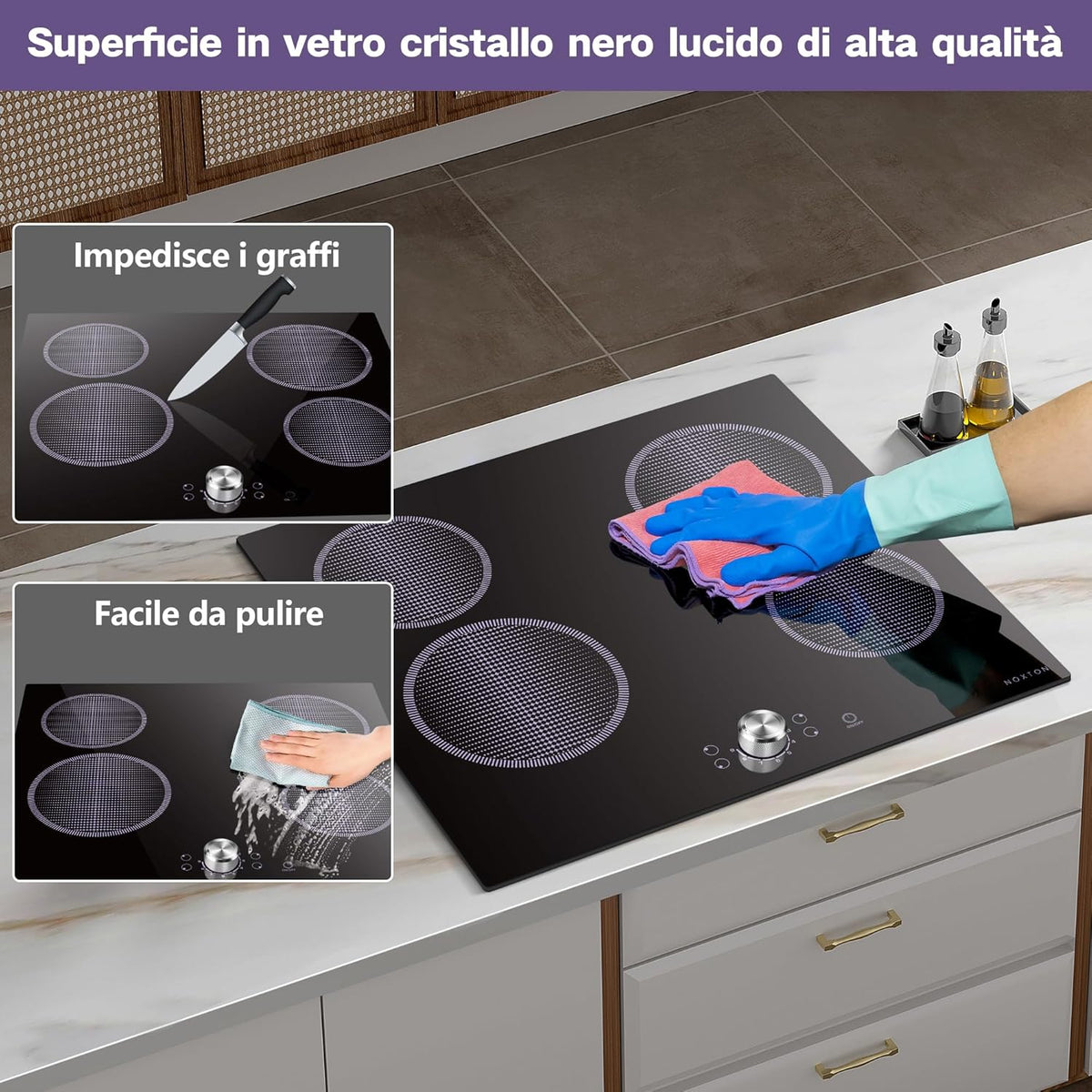 Noxton Elektrische kookplaat met 4 branders, 60 cm, keramische kookplaat, 6000 W, plaat met handgrepen, 9 boosterfuncties voor keuken, Touch Controls, timer