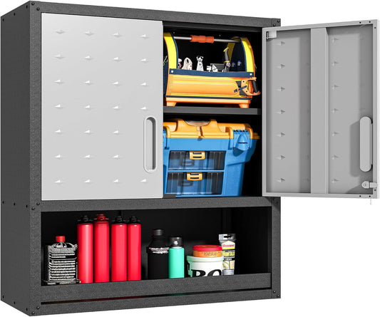 Garagewandkast met deuren en planken, metalen wandkast met open opbergruimte, hang-gereedschapskast voor garage en bijkeuken, zwart en grijs
