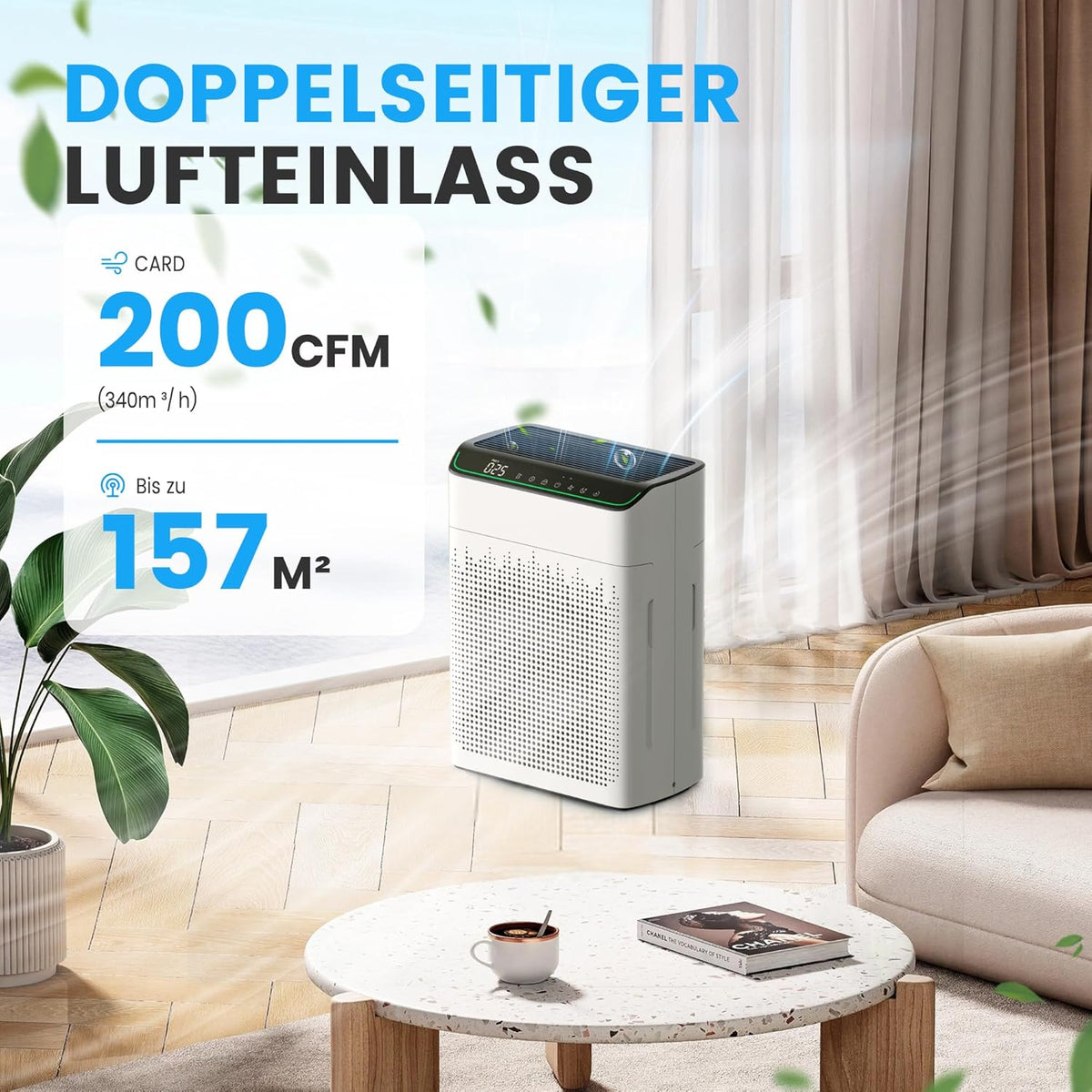 Operan Luchtreiniger met allergieën, Advanced Air Purifier voor appartementen en rookkamers, Wi-Fi & App Control, CADR 340 m³/h (158 m²), Smart Auto-mode, HEPA-filter tegen stof, pollen, dierenharen